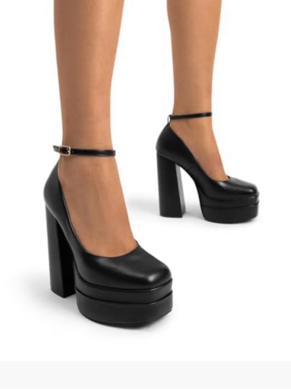 Black Chunky Platform Ankle Strap Pumps Block High Heels Shoes. W7.